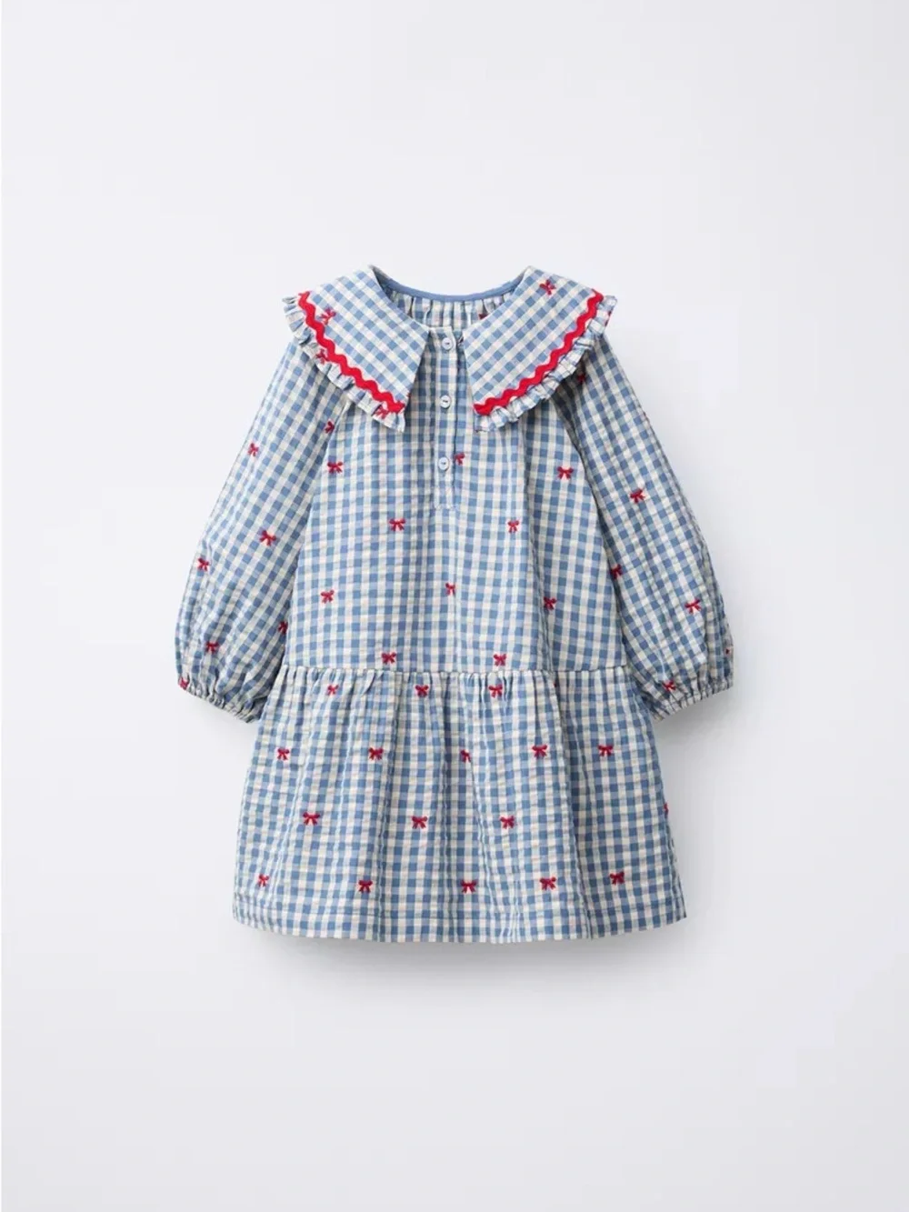 Zara Blue Gingham Dress with Red Bow Embroider